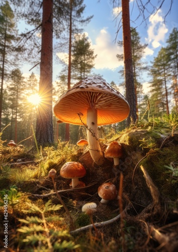 Fresh healthy mushroom in green sunny coniferous forest. Generative Ai.