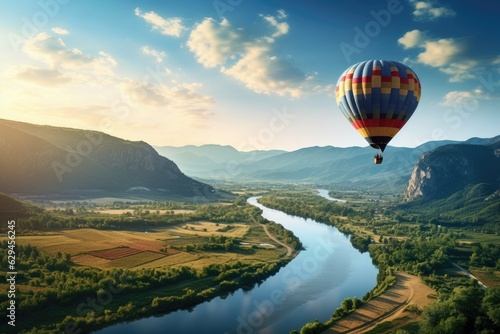 Beautiful view of mountains and lake, aerostat fly hot baloon © Marat