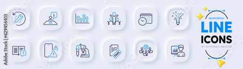 Inspiration, Interview and Presentation line icons for web app. Pack of Upper arrows, Teamwork, Inclusion pictogram icons. Microscope, Calendar time, Phone warning signs. Recovery tool. Vector