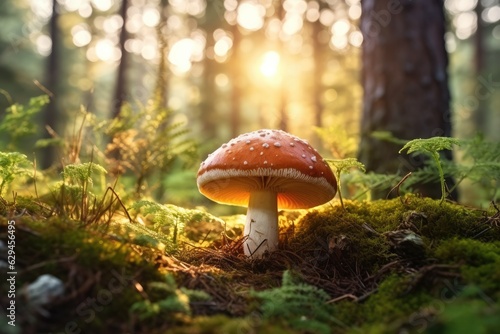 Fresh healthy mushroom in green sunny coniferous forest. Generative Ai.