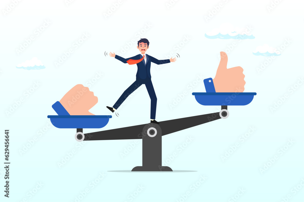 Businessman balance on seesaw with thumb up and thumb down, demerit and merit evaluation, advantage and disadvantage in comparison, performance assessment, manager evaluation, judgment (Vector)