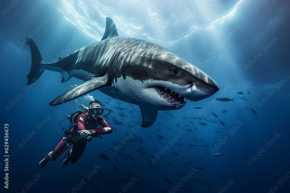 Fototapeta premium Fearless diver man swimming nearby giant white shark underwater. Dangerous risky scuba diving. Ai generated