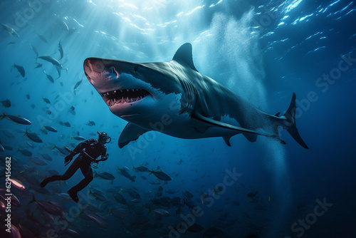 Fearless diver man swimming nearby giant white shark underwater. Dangerous risky scuba diving. Ai generated