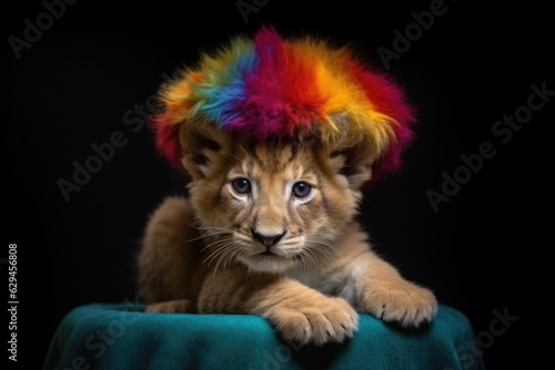 lions paw on top of a tamers colorful hat, showing dominance