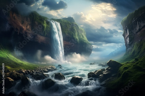 a beautiful waterfall in a mountainous area. the beauty of nature. generative ai.