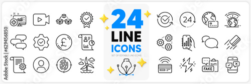 Icons set of Talk bubble, Pound money and Approved line icons pack for app with Medical analytics, Fingerprint, Report thin outline icon. Windmill, Contactless payment, Fake document pictogram. Vector