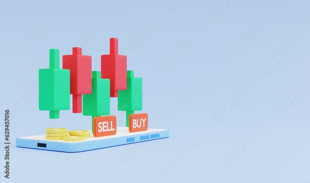 Candlestick chart of stocks sell and buy using mobile phone, market investment trading and stack of coins. 3D illustration.