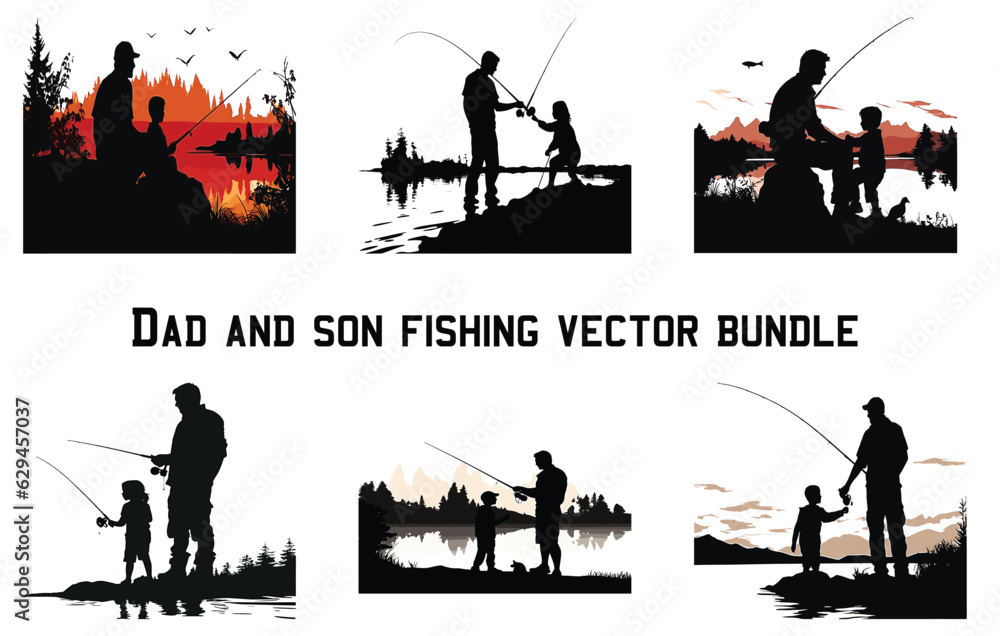 Dad and son fishing vector bundle, son fishing vector, Dad fishing vector, family fishing, Father fishing