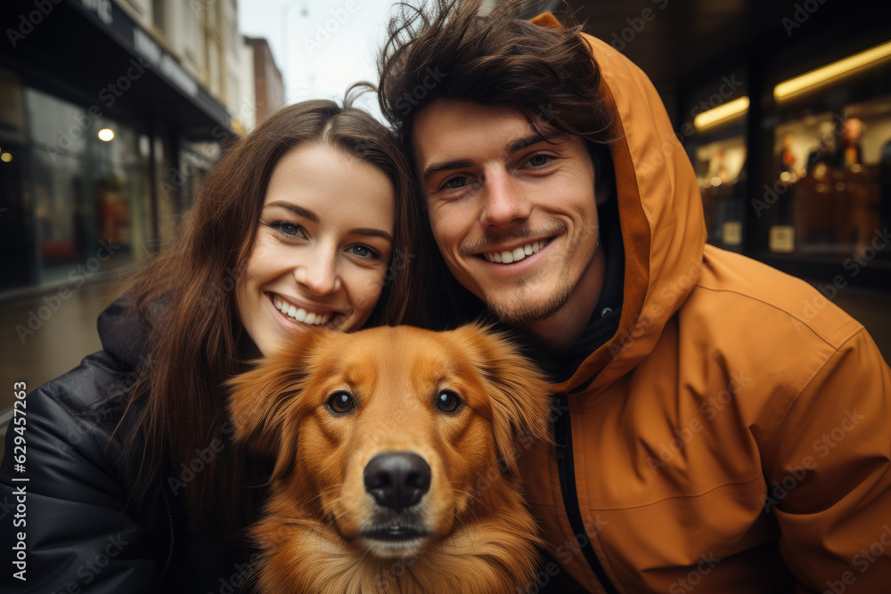 Generative ai illustration of Young caucasian couple taking a Selfie with their dog Generative ai illustration of Young caucasian couple taking a Selfie with their dog