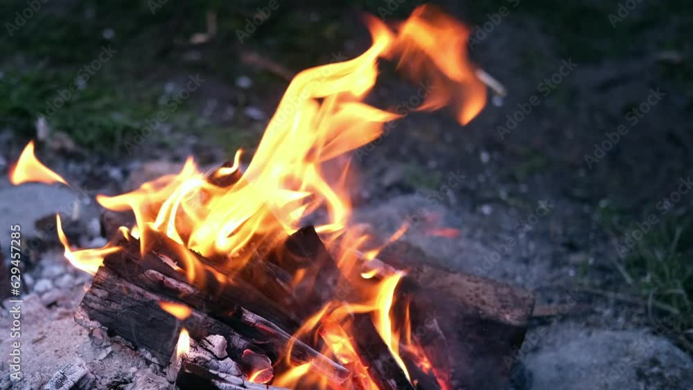 Close-up of dry burning firewood in a campfire, on fire. Burning bonfire. Burning traditional firewood. Natural background. Close-up of dry burning firewood in a campfire, on fire. Burning bonfire. Burning traditional firewood. Natural background.