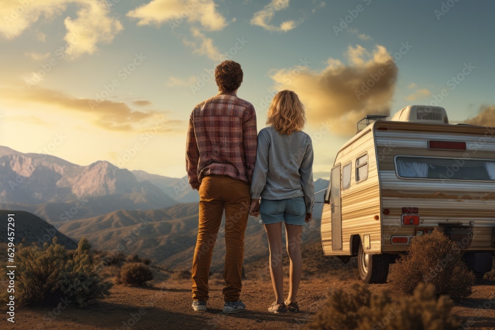 A man and a woman travel in a motorhome on a beautiful landscape. generative ai.