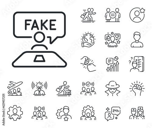 Social propaganda sign. Specialist, doctor and job competition outline icons. Fake review line icon. Wrong truth symbol. Fake review line sign. Avatar placeholder, spy headshot icon. Vector