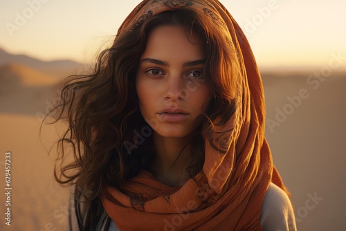 a beautiful girl with beautiful eyes in the desert. portrait of a rural woman. generative ai.