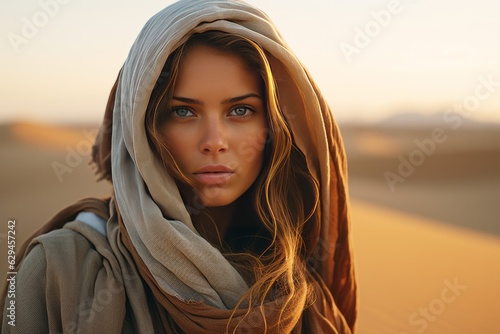 a beautiful girl with beautiful eyes in the desert. portrait of a rural woman. generative ai.