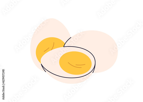 Boiled chicken eggs, cut halves and peeled whole. Healthy breakfast food with cooked yolk and protein. Natural eating, ingredient, composition. Flat vector illustration isolated on white background