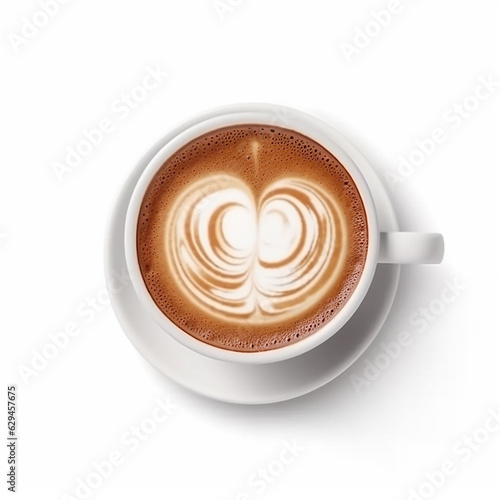 Top view of hot coffee latte cup with rosetta mini heart latte art milk foam isolated on white background