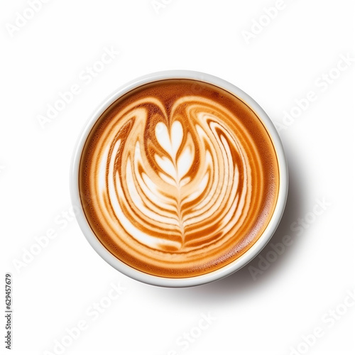 Top view of hot coffee latte cup with rosetta mini heart latte art milk foam isolated on white background
