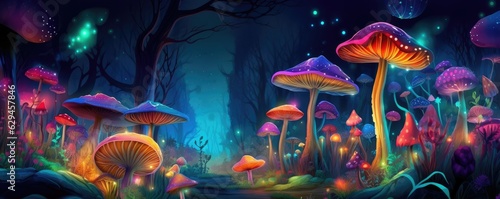 Magic mushroom pattern in fairy tale woods  nature wallpaper  panorama. Generative Ai.