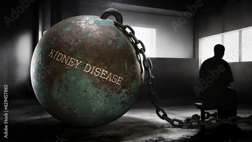 Kidney disease - a metaphorical view of exhausting human struggle with kidney disease. Taxing and strenuous fight against a heavy weight. Pain in isolation and loneliness,3d illustration photo