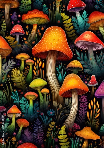 Magic mushroom pattern in fairy tale woods, nature wallpaper. Generative Ai.
