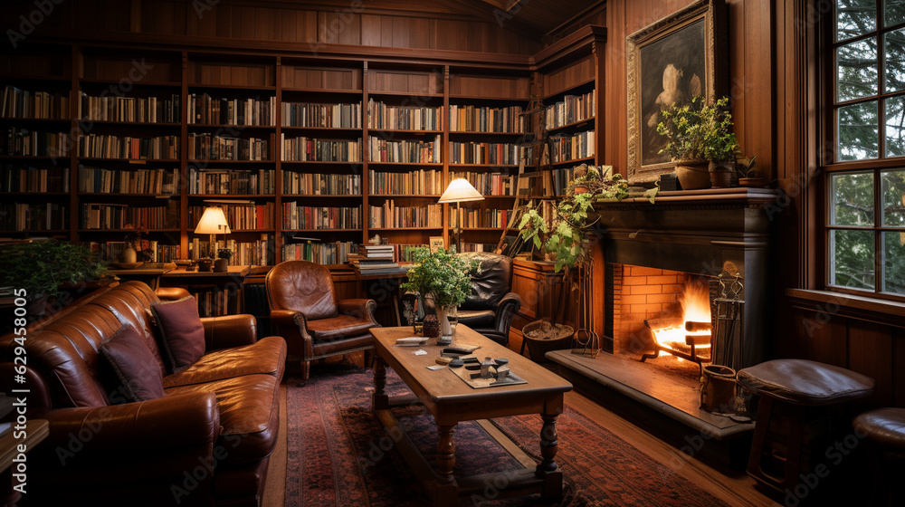 A charming library with a fireplace, comfortable armchairs, and vintage book collections 