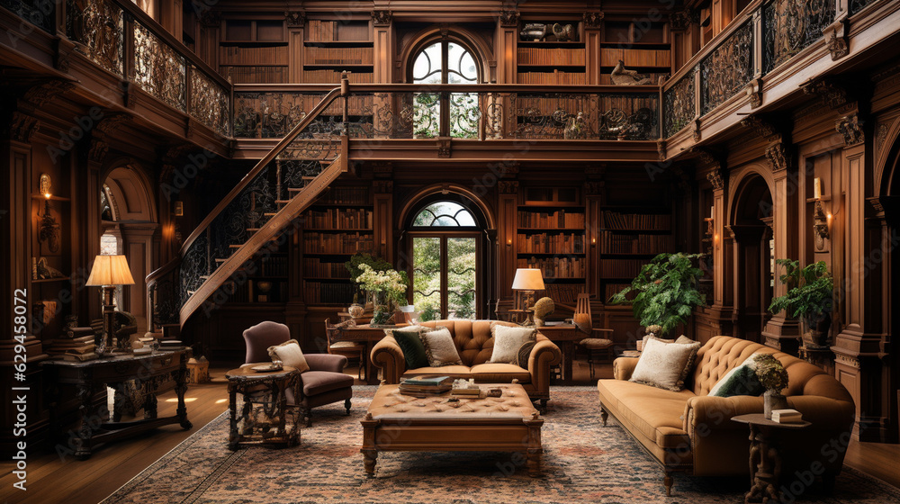 A traditional library with ornate wooden bookcases, rolling ladders, and intricate ceiling details 