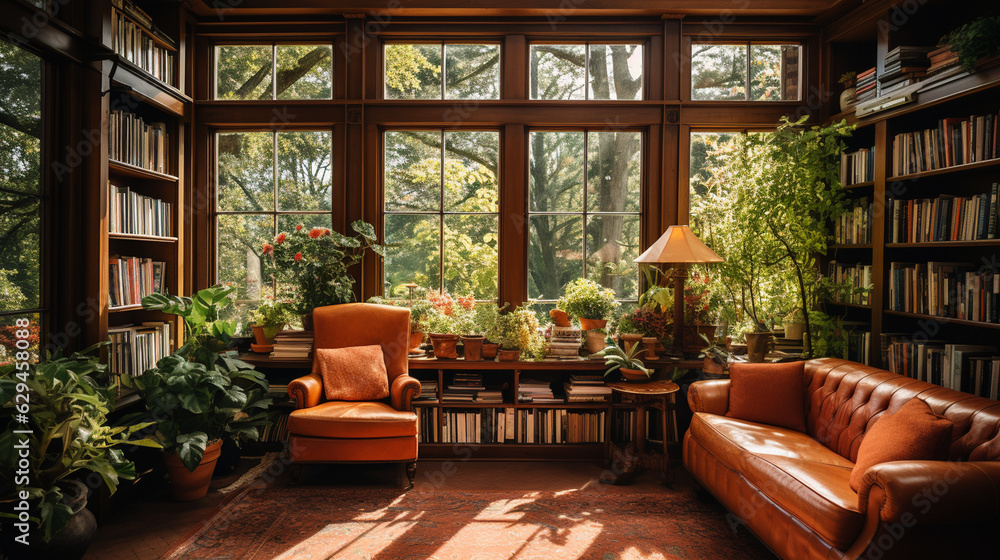 A cozy library with warm-toned furnishings, plush carpets, and shelves adorned with potted plants 