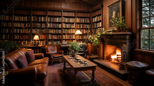 A charming library with a fireplace, comfortable armchairs, and vintage book collections 