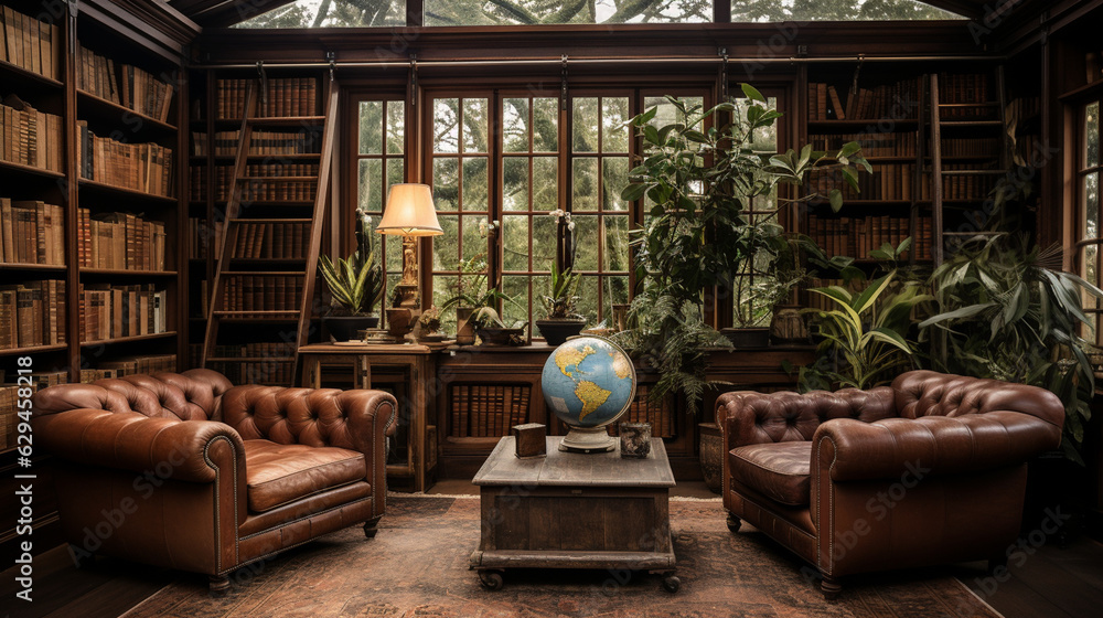 A vintage-inspired library with antique leather armchairs, old maps, and globes as decor  - obrazy, fototapety, plakaty 