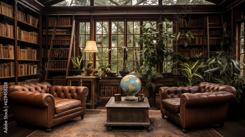 A vintage-inspired library with antique leather armchairs, old maps, and globes as decor  © Наталья Евтехова