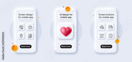Grill, Fast food and Salad line icons pack. 3d phone mockups with heart. Glass smartphone screen. Refill water, Takeaway, Night eat web icon. Coffee cup, Mint bag pictogram. Vector