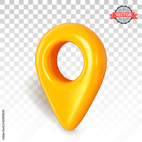 Yellow map pointer or GPS location icon in three-quarter front view. Realistic 3D vector graphic placed on a transparent background and includes a shadow