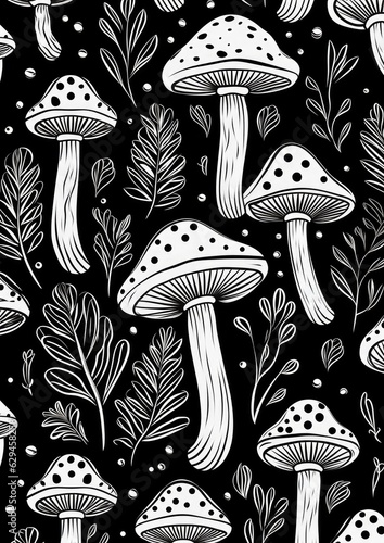 Magic mushroom pattern in fairy tale woods, nature wallpaper. Generative Ai.