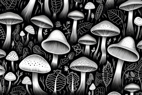 Magic mushroom pattern in fairy tale woods, nature wallpaper. Generative Ai.