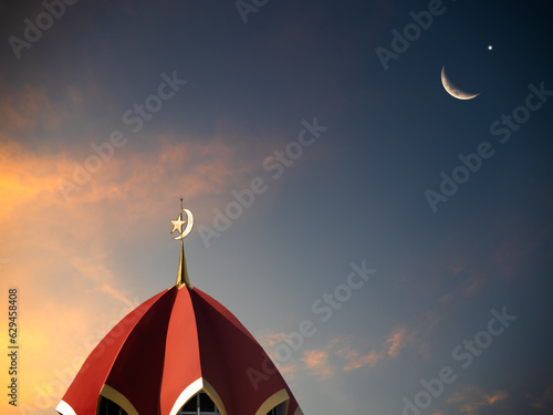 Mosque Red Dome Islam on Crescent Moon Star Sky Sunset Background, Eid Masjid Minaret Building Mubarak Ramadan, Architecture in Night Evening Istanbul Namaz Kareem Greeting Travel Sharjah Arabian Holy photo