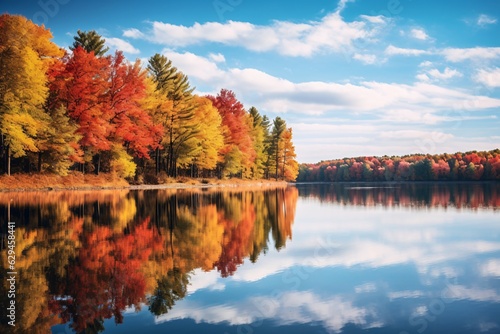 peaceful lake reflecting the vibrant colors of the surrounding trees in full autumn bloom
