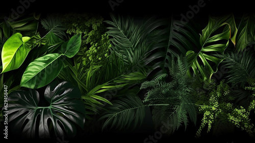 Green leaves fern tropical rainforest foliage plant on black background