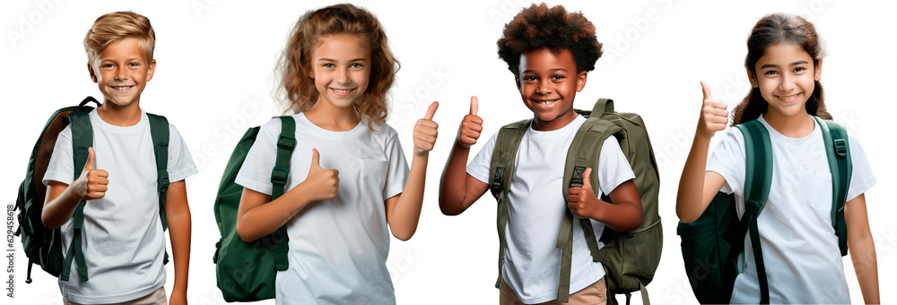 Set young little school children happy smile show thumb-up like on a transparent background. Generative ai