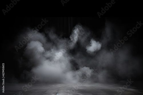 Studio show with white smoke on black background. Abstract backdrop. Modern and classic style. Product presentation with copy space