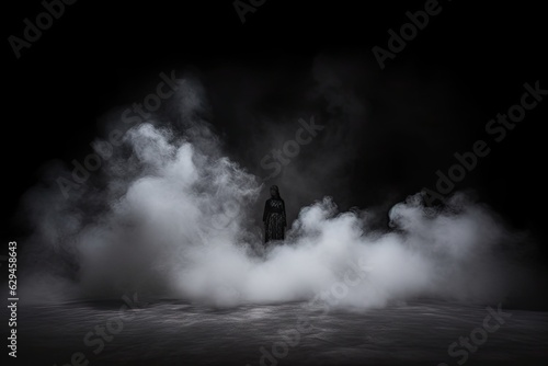 Studio show with white smoke on black background. Abstract backdrop. Modern and classic style. Product presentation with copy space