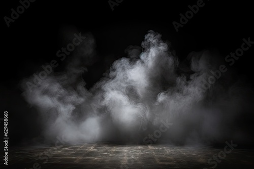 Studio show with white smoke on black background. Abstract backdrop. Modern and classic style. Product presentation with copy space
