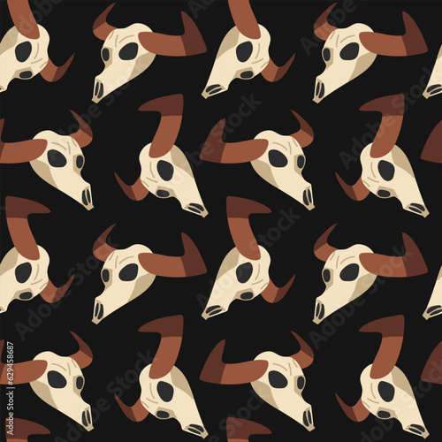 A pattern with a buffalo skull on a black background. Seamless pattern. Print from the wild West. Vector illustration. Tattoo with vintage print. A colored buffalo skull in western style