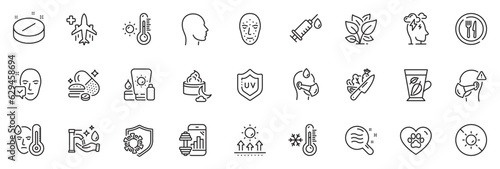 Icons pack as Food, Medical flight and Low thermometer line icons for app include Vegetable, Medical mask, Night cream outline thin icon web set. Face accepted, Stress. Food outline sign. Vector