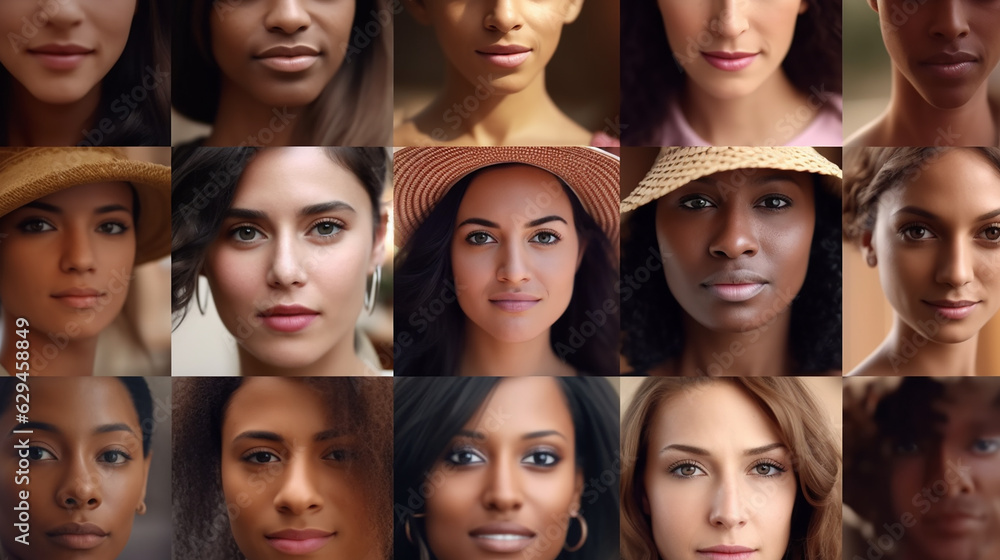 Happy diverse ethnicity different beautiful women collection and nationality .  A Lot of smiling faces.