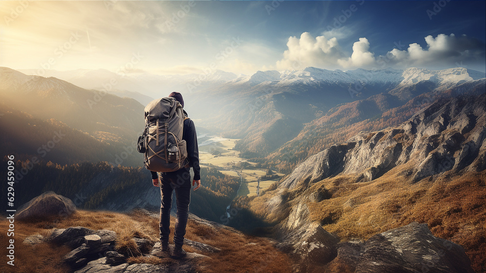 Hiker with backpack standing on top of mountain and looking at valley with morning sunlight. Generative AI