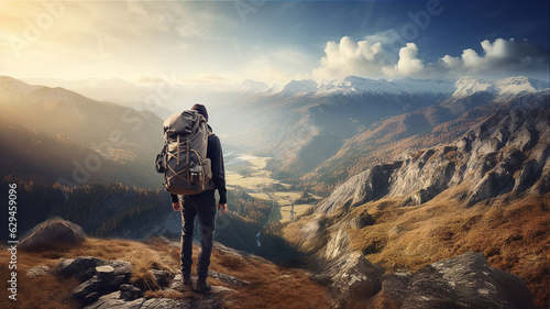 Hiker with backpack standing on top of mountain and looking at valley with morning sunlight. Generative AI © Sewupari Studio