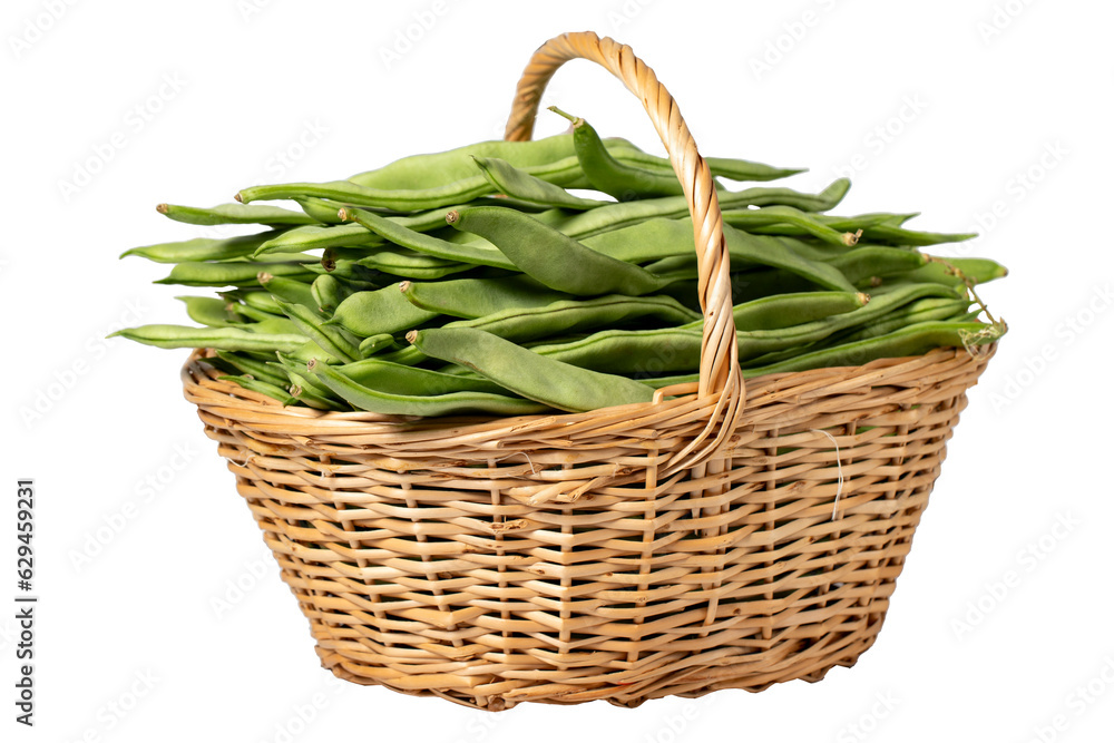 Fresh green beans in a wicker basket isolated on white background. String beans harvest season concept. Vegetables for a healthy diet Fresh green beans in a wicker basket isolated on white background. String beans harvest season concept. Vegetables for a healthy diet