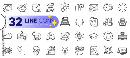 Outline set of Analytics graph, Qr code and Face id line icons for web with Face biometrics, Cloud communication, Bitcoin system thin icon. Chemical formula, Coronavirus. Vector