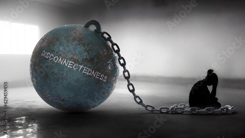 Disconnectedness - a metaphorical view of a woman struggle with disconnectedness. Trapped alone and chained to a burden of Disconnectedness. Constant and strenuous fight.,3d illustration