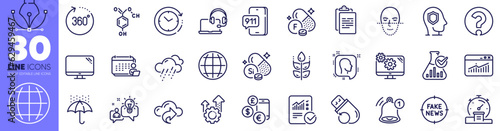 Waterproof umbrella, Currency rate and Clipboard line icons pack. Flash memory, Fake news, Settings web icon. Time change, Question mark, Emergency call pictogram. Computer, Consult. Vector